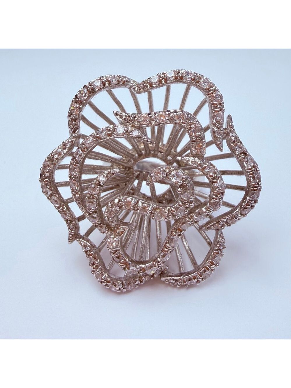 HUGE Modernist Sculptural Spiral Flower CZ Pave 925 Sterling Silver VTG Ring